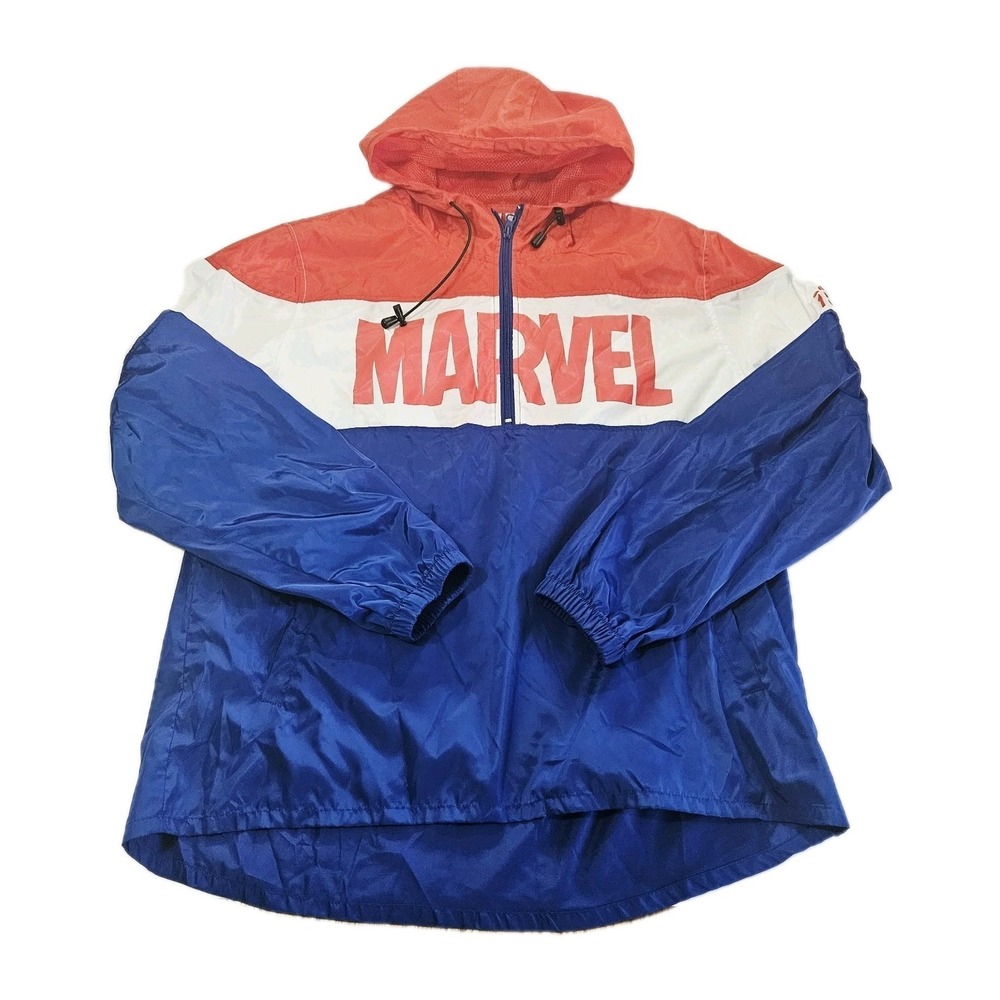 Marvel Jacket Mens Medium Red White And Blue Hooded Pullover Windbreaker 1/4 Zip